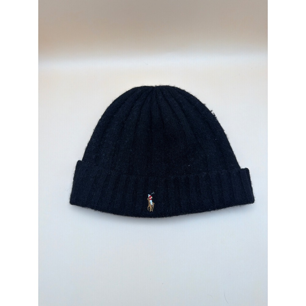 Polo Ralph Lauren‎ Black Ribbed Knit Wool Blend Beanie Hat Embroidered Pony OS